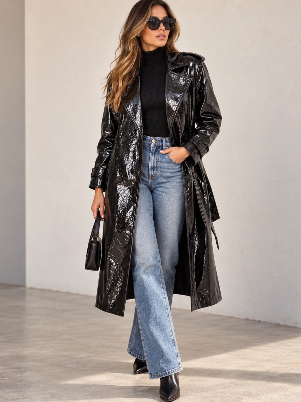 Express Black Patent Trench Coat with Belt